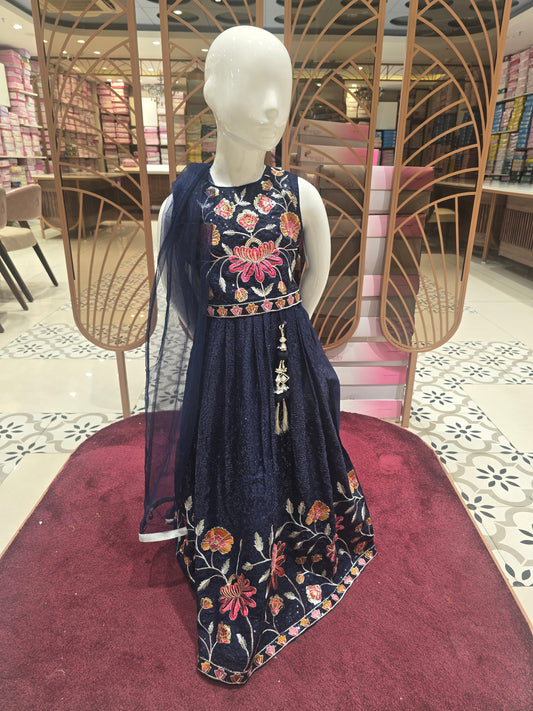 Girls Blue Georgette Sequin Embroidered Gaghra Set