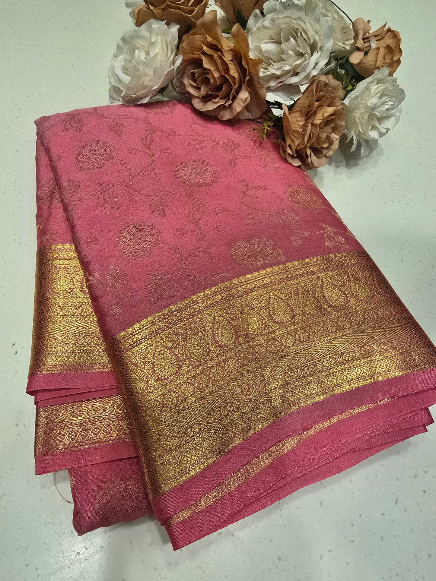 Pure Mysore Brocade Crepe Silk Saree with Full-Body Floral Weaving and Traditional Zari Border | Festive & Wedding Wear