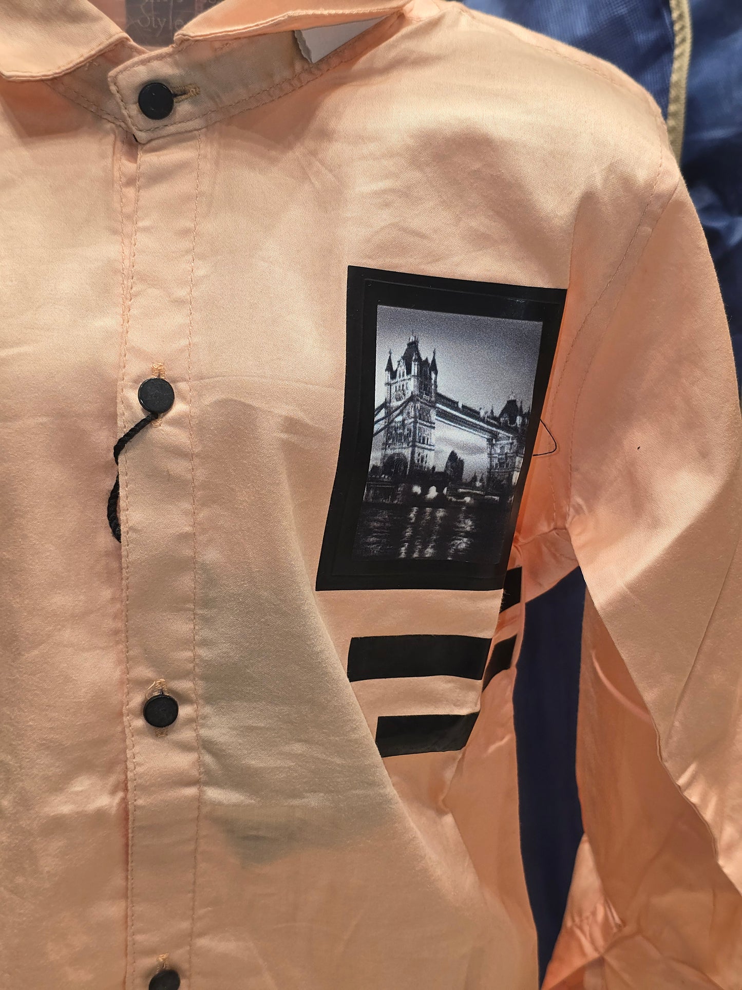 Boys Peach Cotton Shirt with Rubber Print and Foldable Sleeves