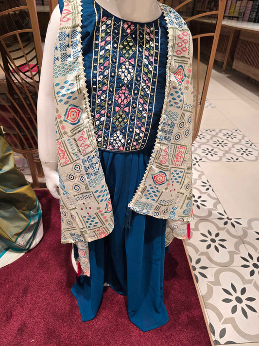 Shiffon material teel blue color sharara set with round neck