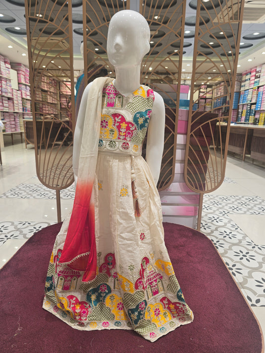 Cream Cotton Ethnic Wear Ghagra for Girls with Rich Dandiya Border Design, Embroidered Top and Dual Colored Dupatta