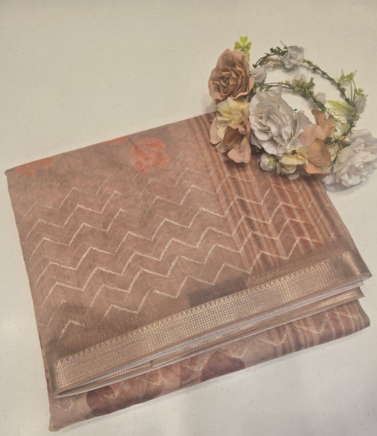 Cotton Lining Floral Printed Saree with Zigzag Horizontal Design | Soft Daily Wear Cotton Saree