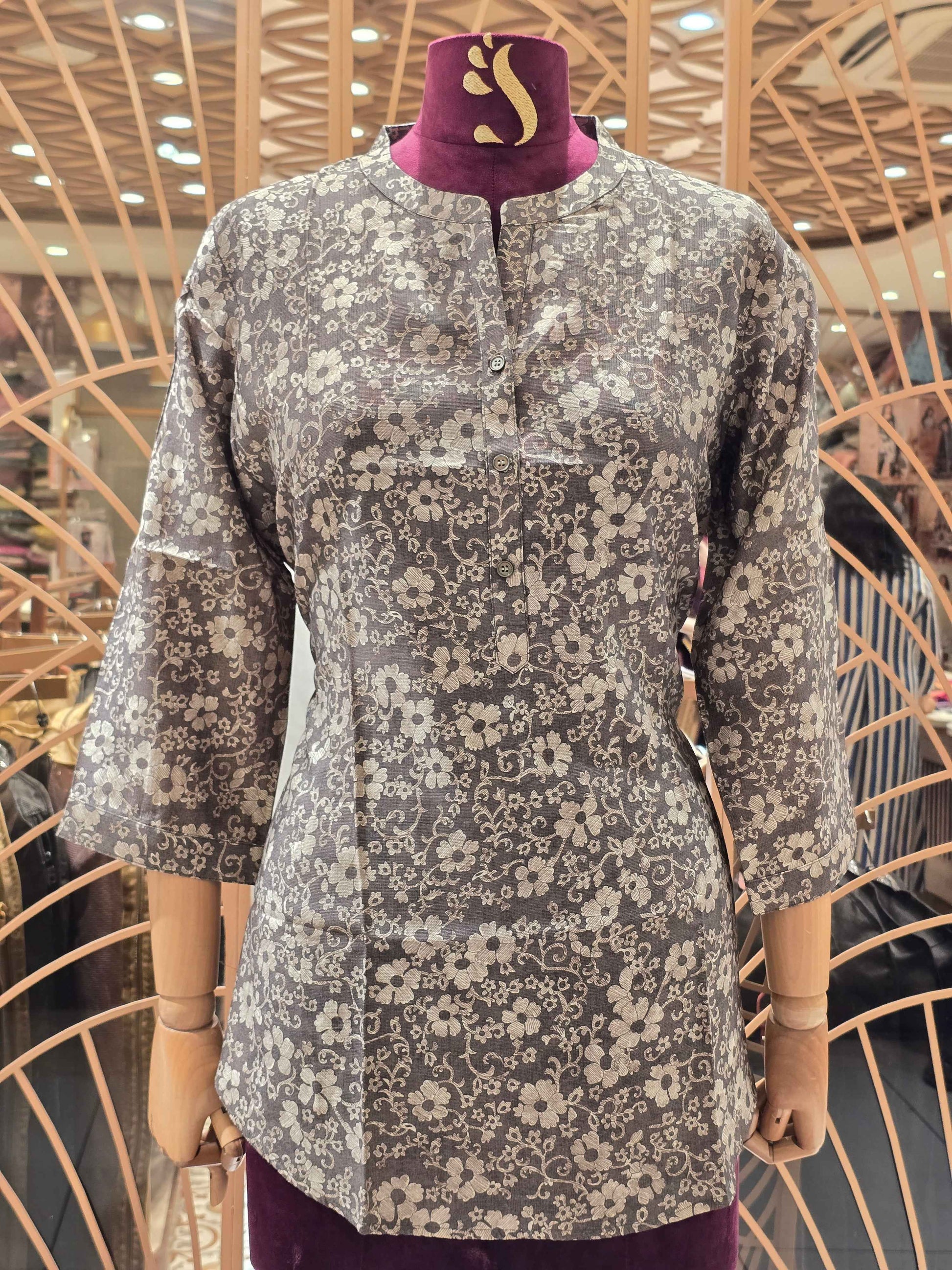 Printed cotton material short kurta with-neck and ¾sleeves