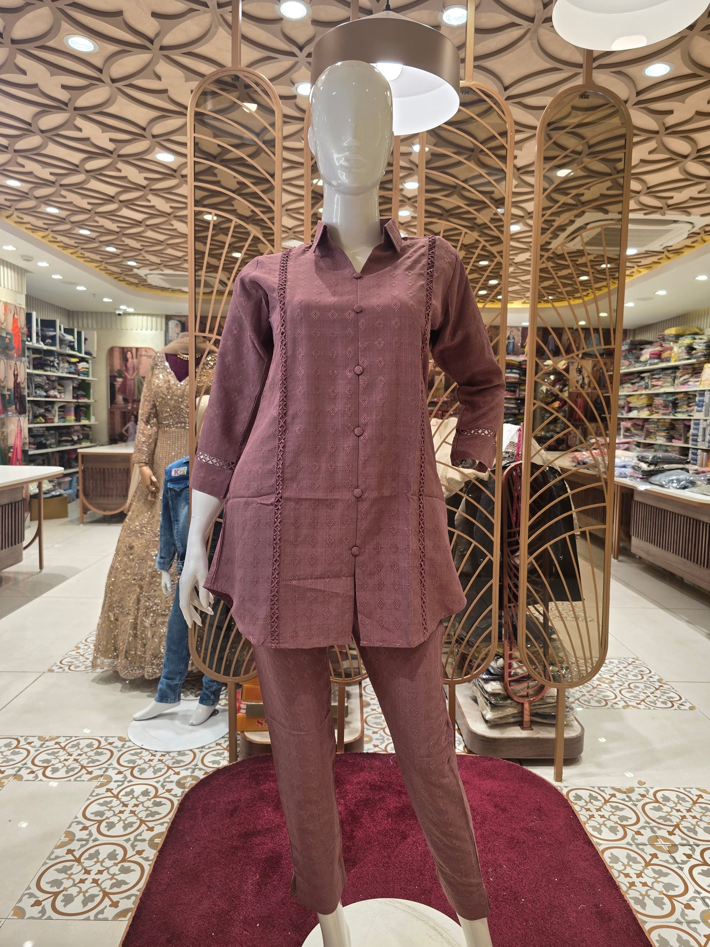 Women’s Acoba Fabric Coat Set in Onion Color with Micro Thread Work, Collar Neck Button Design and Cut-Work Sleeves for Daily and Office Wear