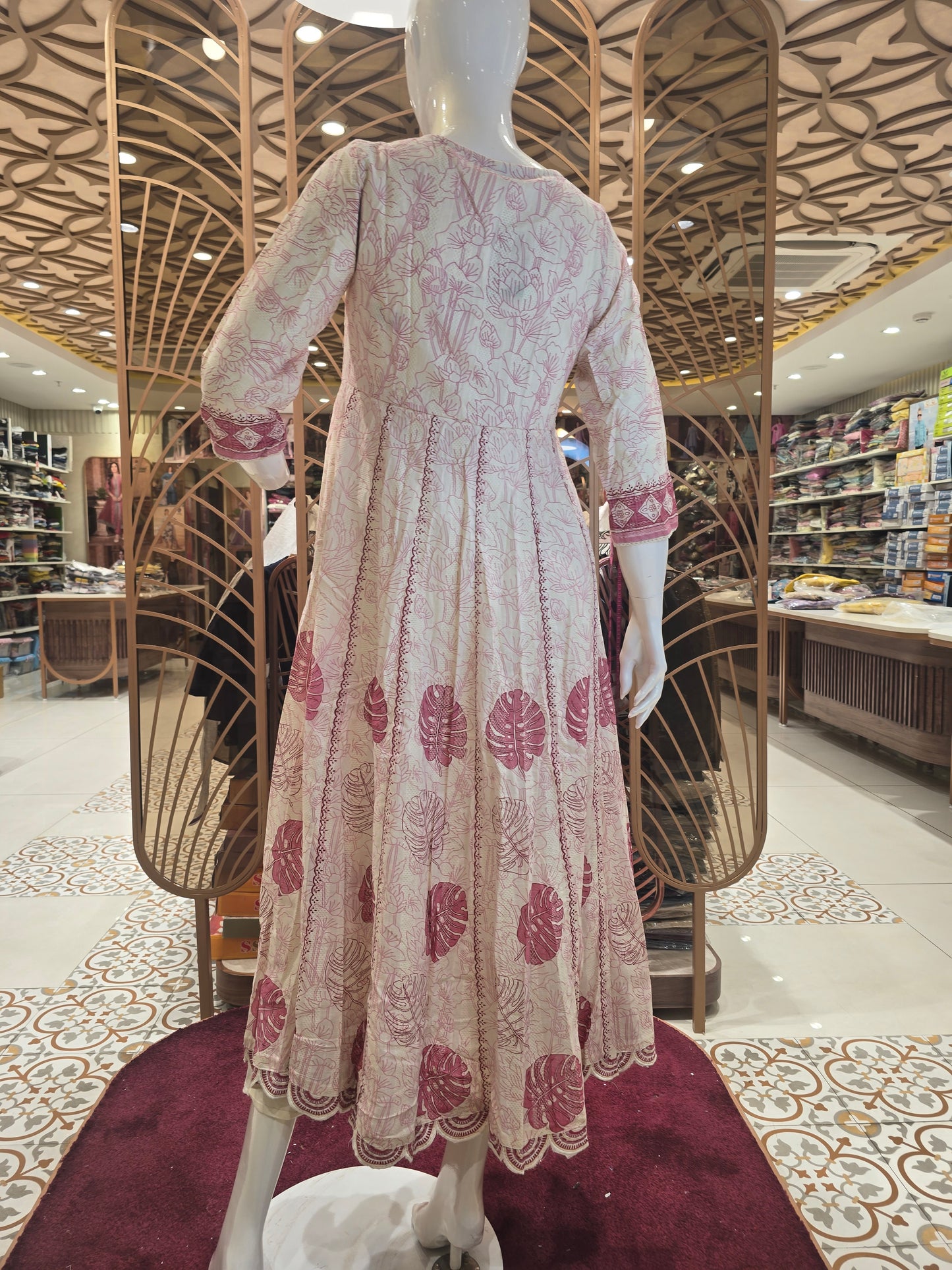 Cream Cotton Anarkali Kurti Set for Women with Peach Leaf Print, Embroidery and Sequin Work for Daily Wear