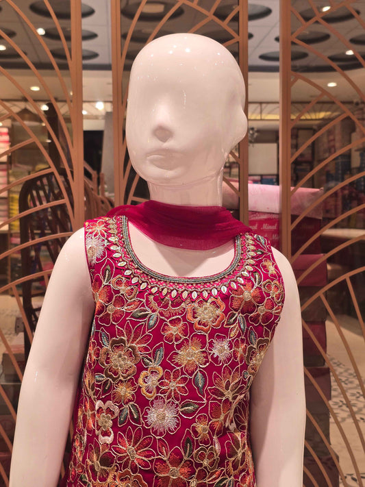 Chiffon material Rani pink colour Patiala Chudidhar with multi colour floral front embroidery