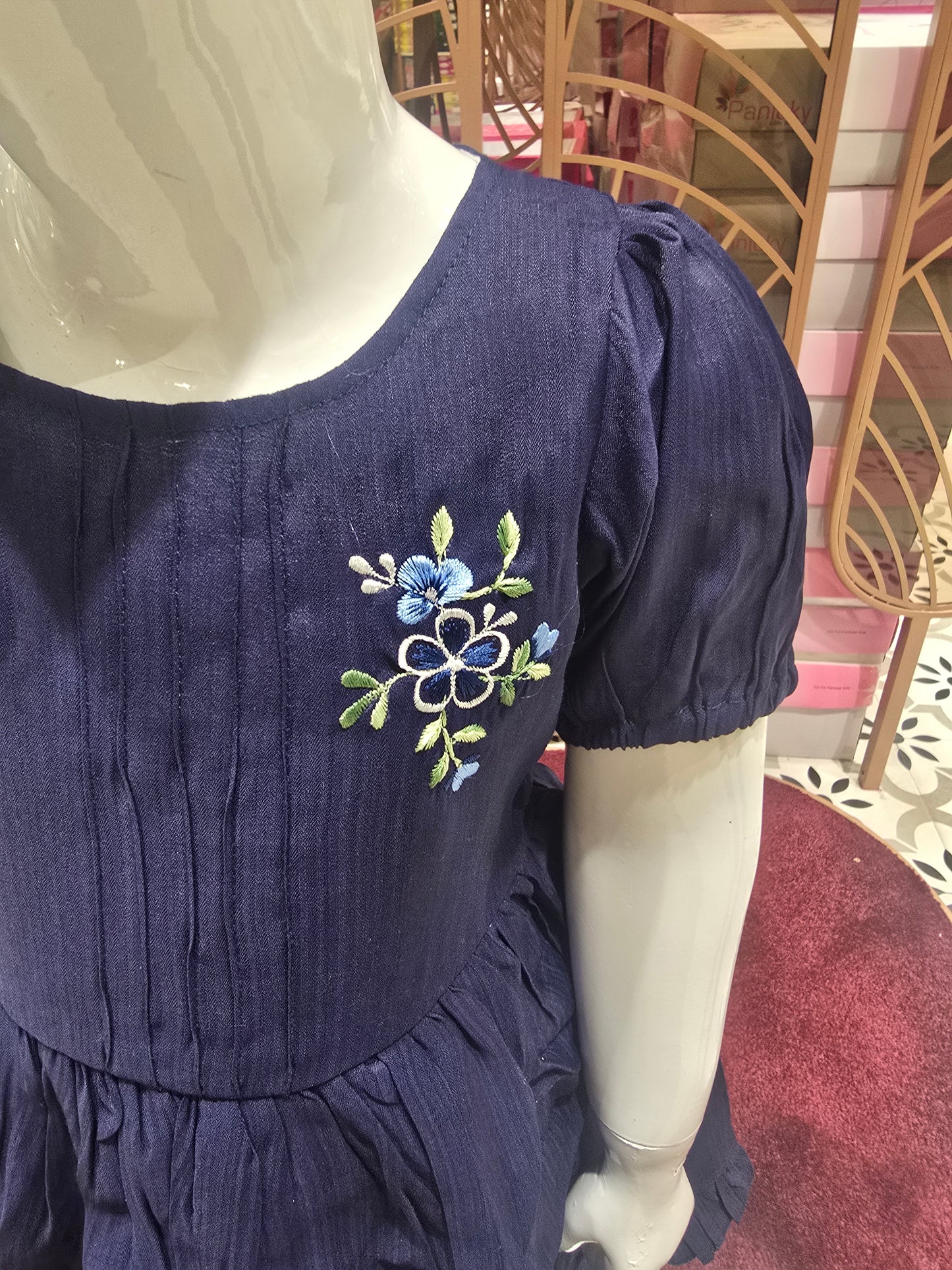 Soft Cotton Navy Blue Short Frock for Girls with Puff Sleeves & Floral Embroidery, Round Neck – Casual Wear