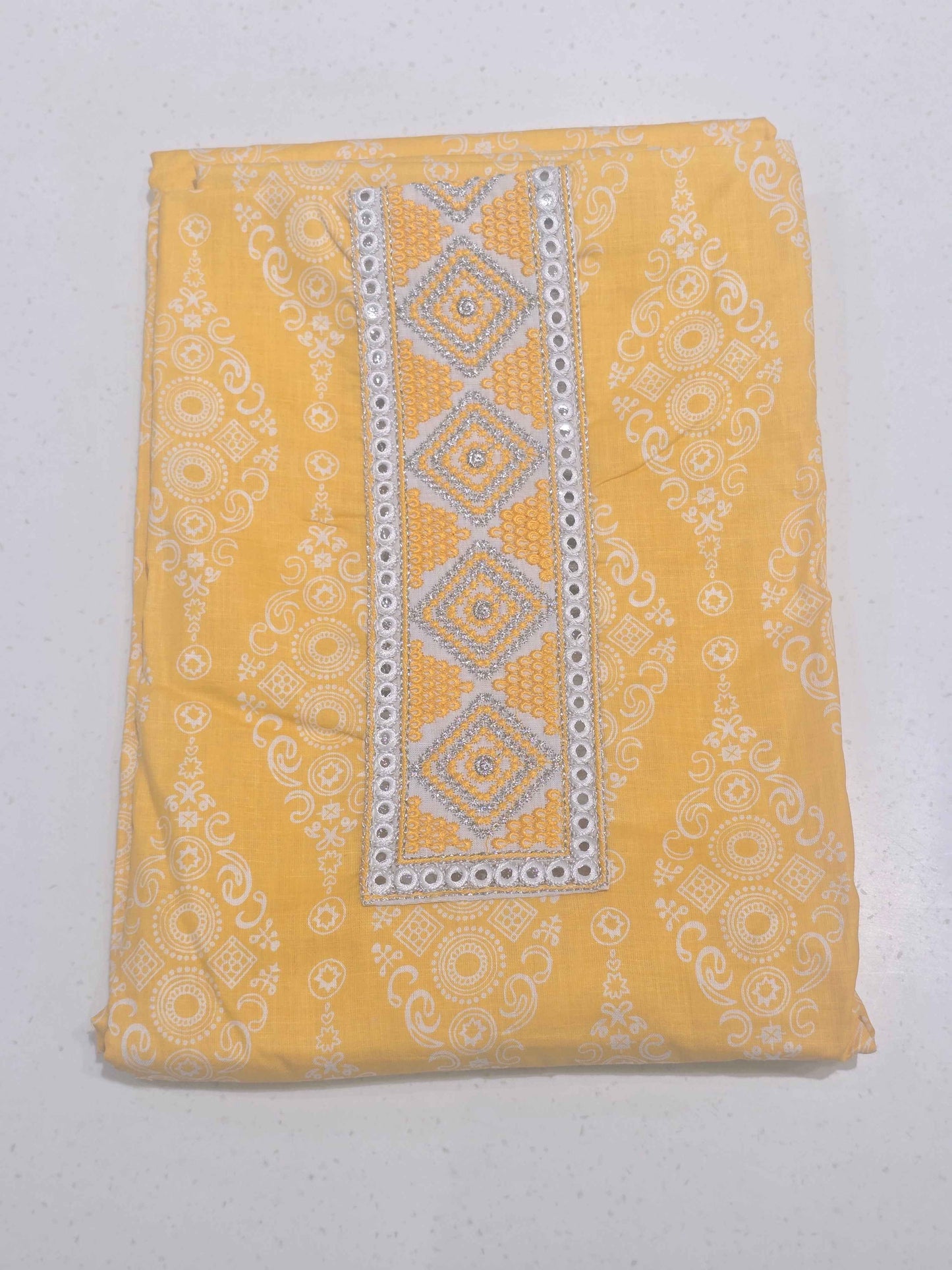 Women Yellow White Semi Cotton Dress Material Set