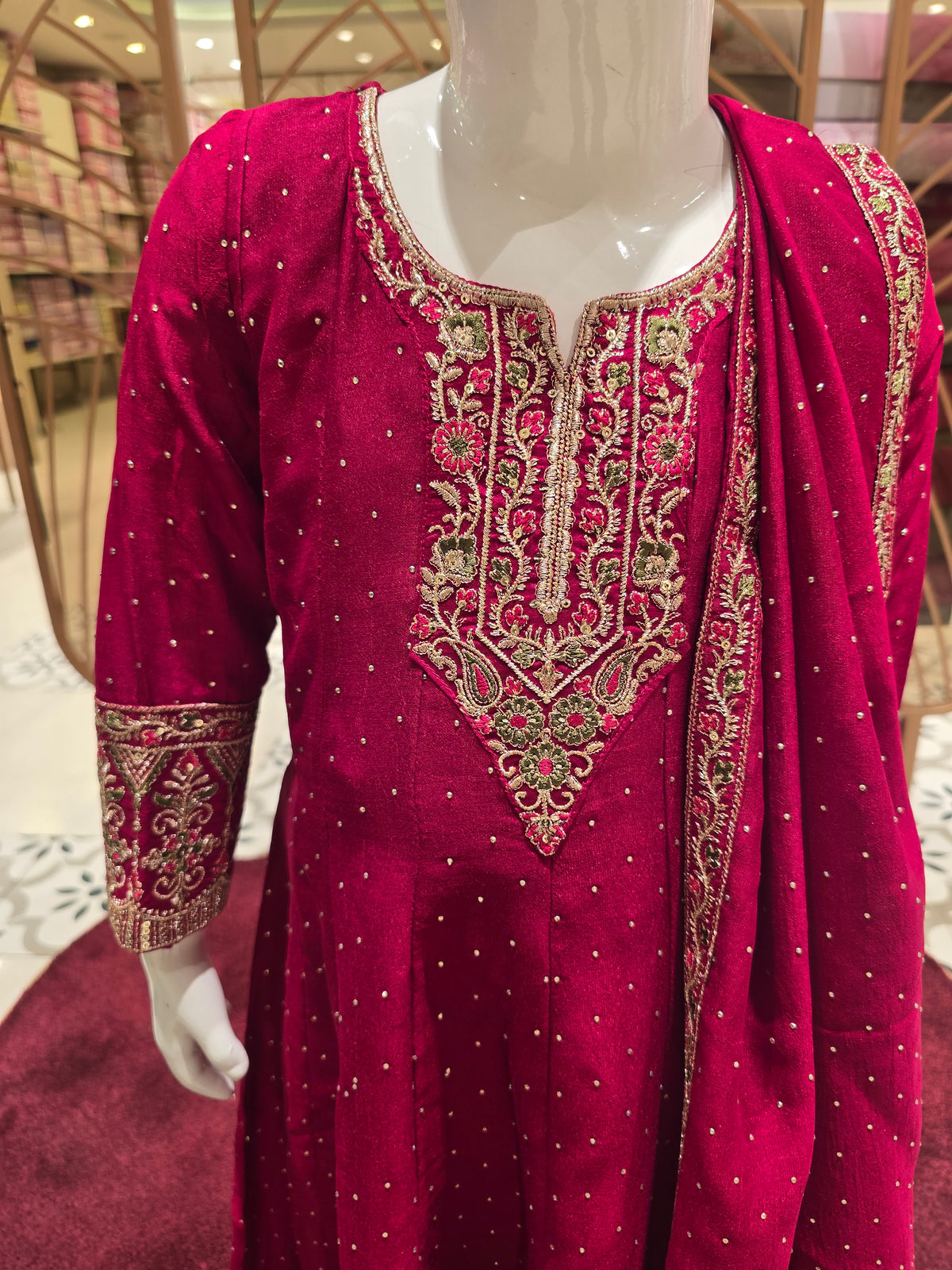 Girls Maroon Tilki Work Crepe Anarkali Set