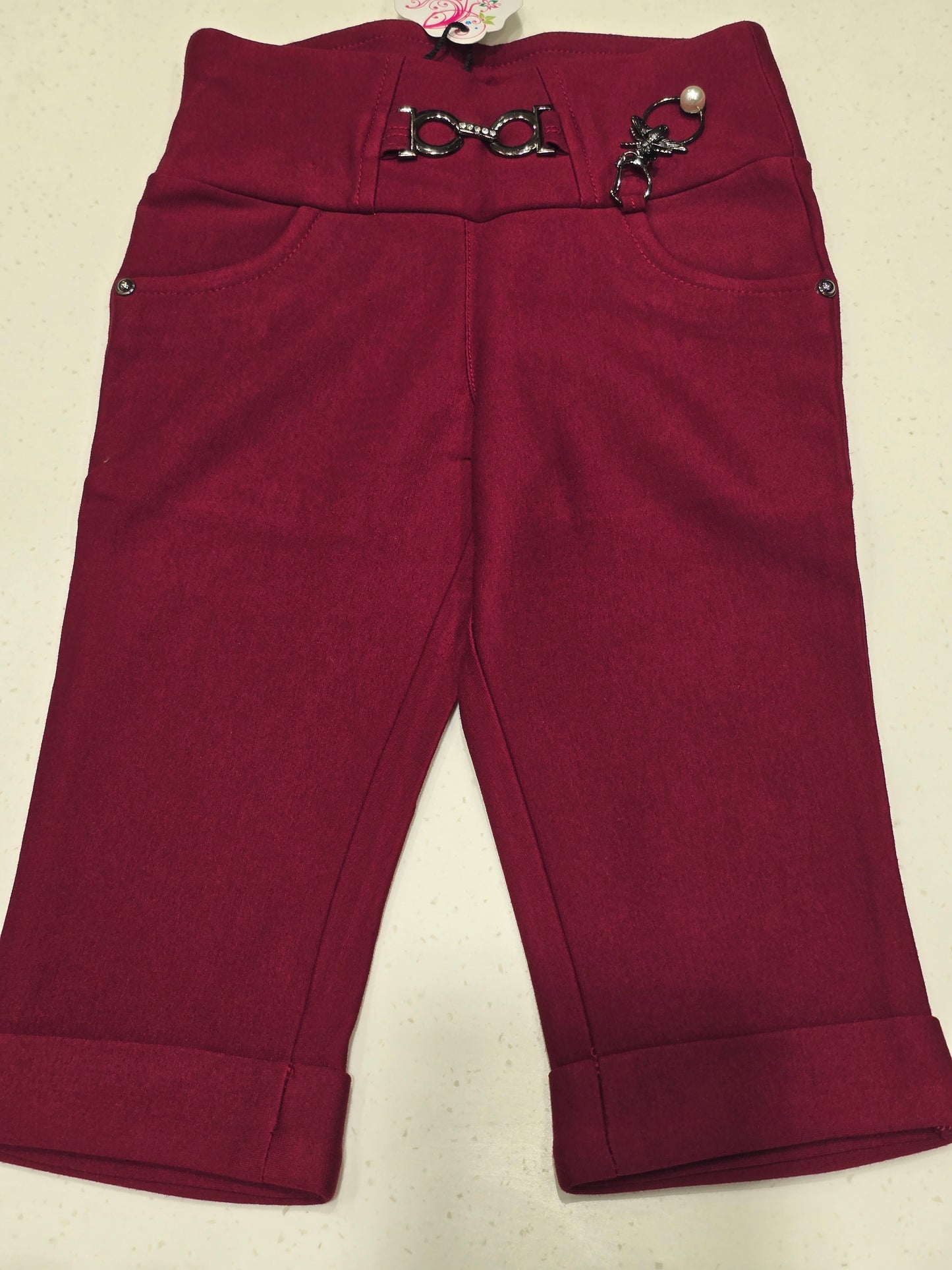 Girls Stretchable Cotton Capri Pant in Dark Blue with Left Side Key Chain Detail and Unique Belt Logo for Summer Casual Wear