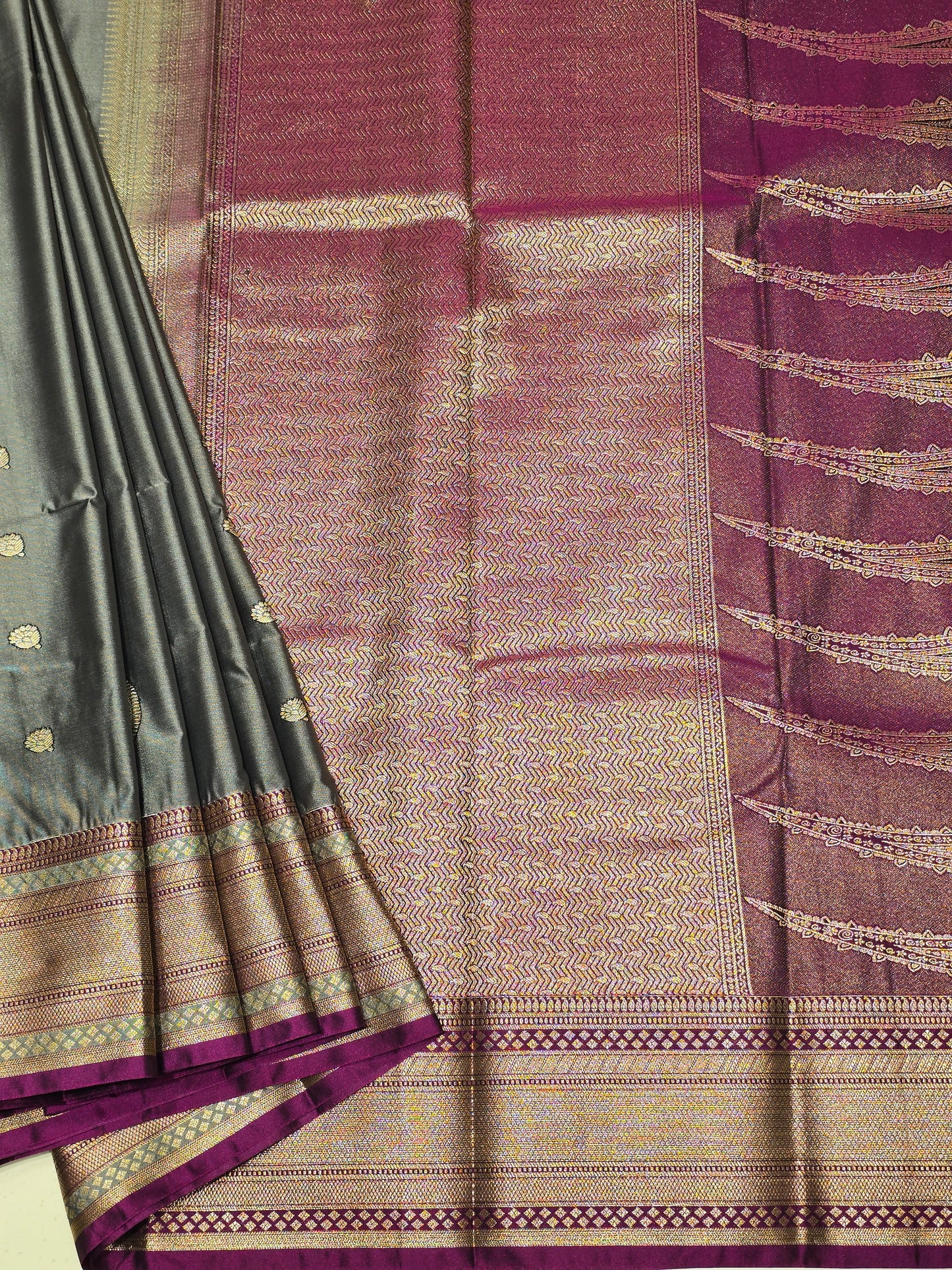 Semi kanjivaram saree with gatti border and traditional motifs