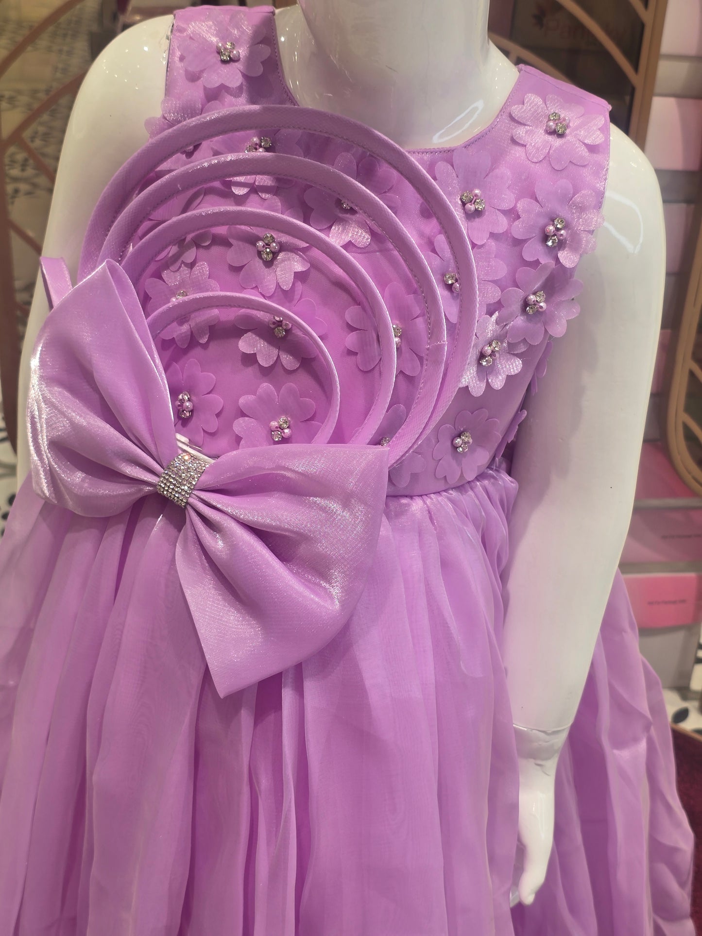 Light Purple Plain Organza Party Wear Gown for Girls with Floral Design and Detachable Bow Detail