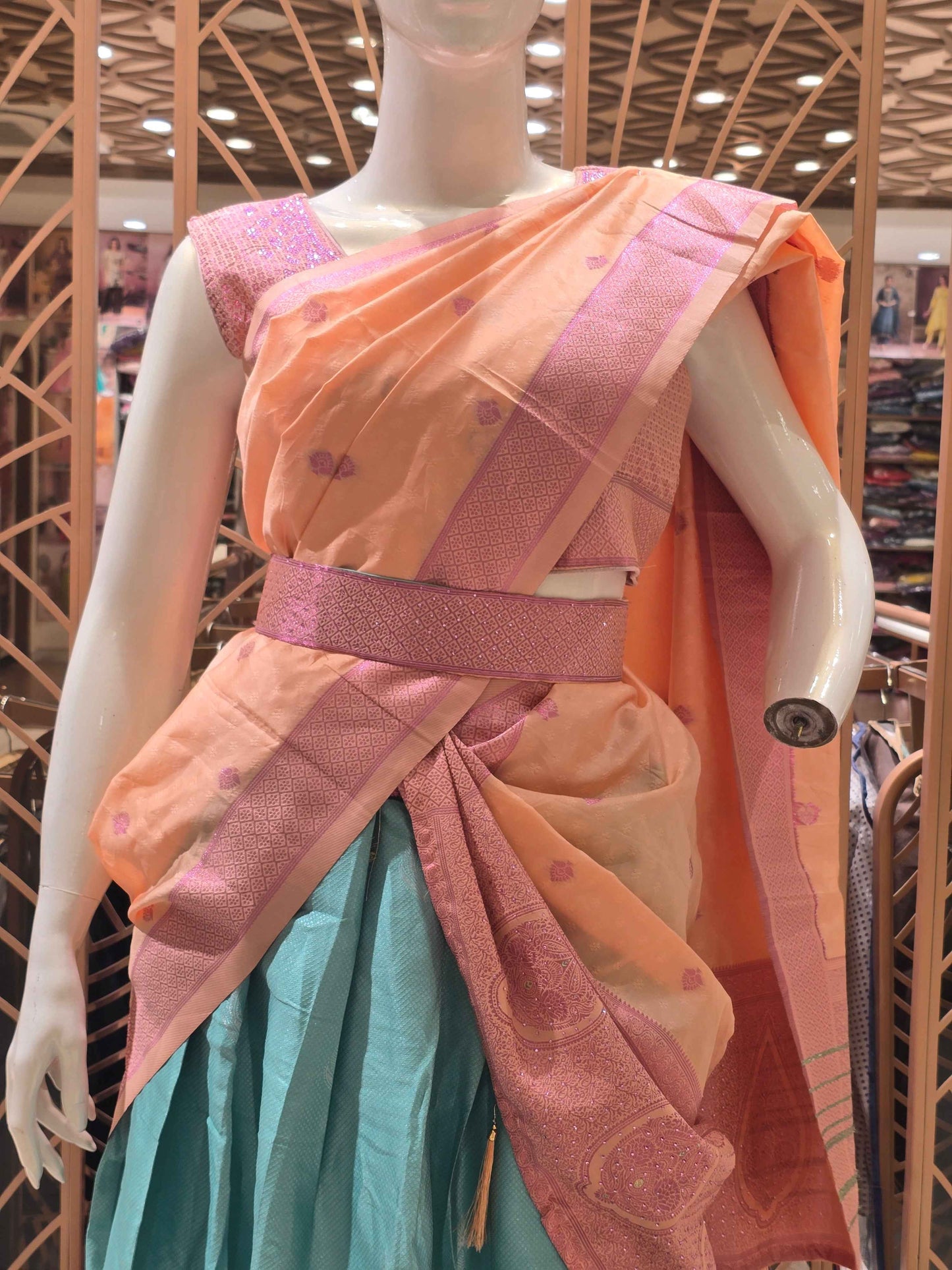 Semi silk material peach with sky blue colour traditional lehenga for women