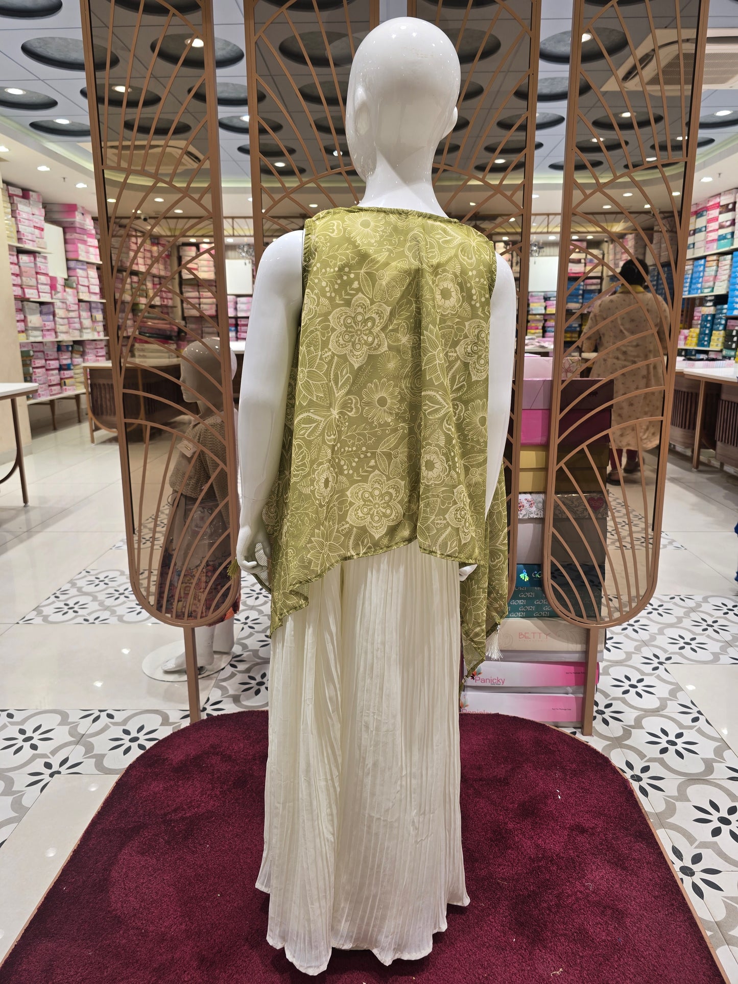 Half White Crepe Chiffon Indo Western Palazzo Set for Girls with Printed Open Jacket & Crush Fabric Bottom – 3 Piece Ethnic Set