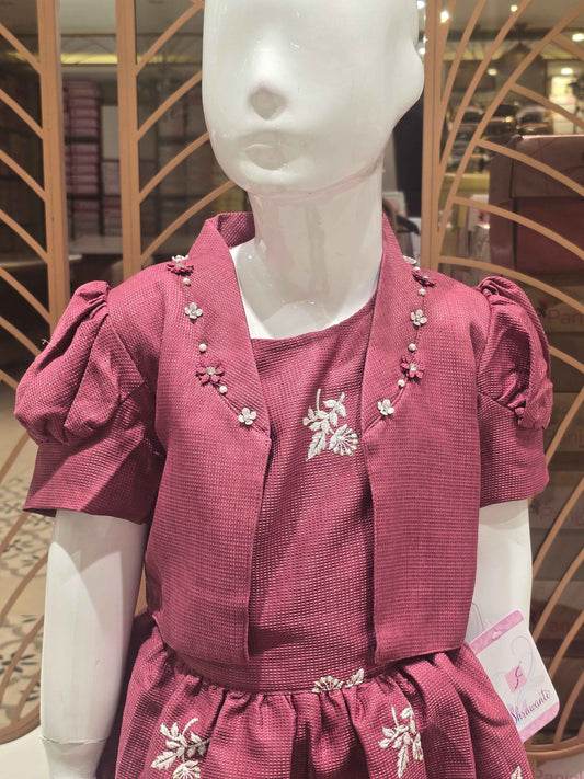 Girl Brick Colour Span Cotton Short Frock Set