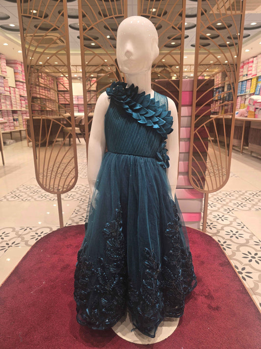 Girl Peacock Blue Glitter Knitted Western Gown