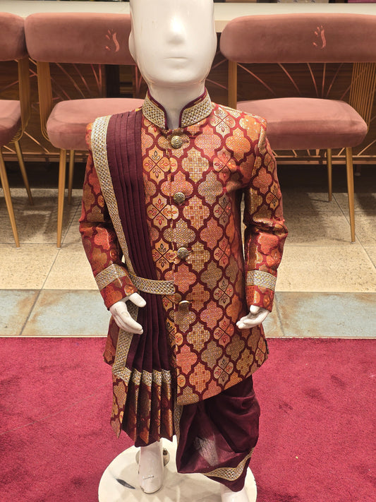 Boys Maroon Indo-Western Sherwani Set,