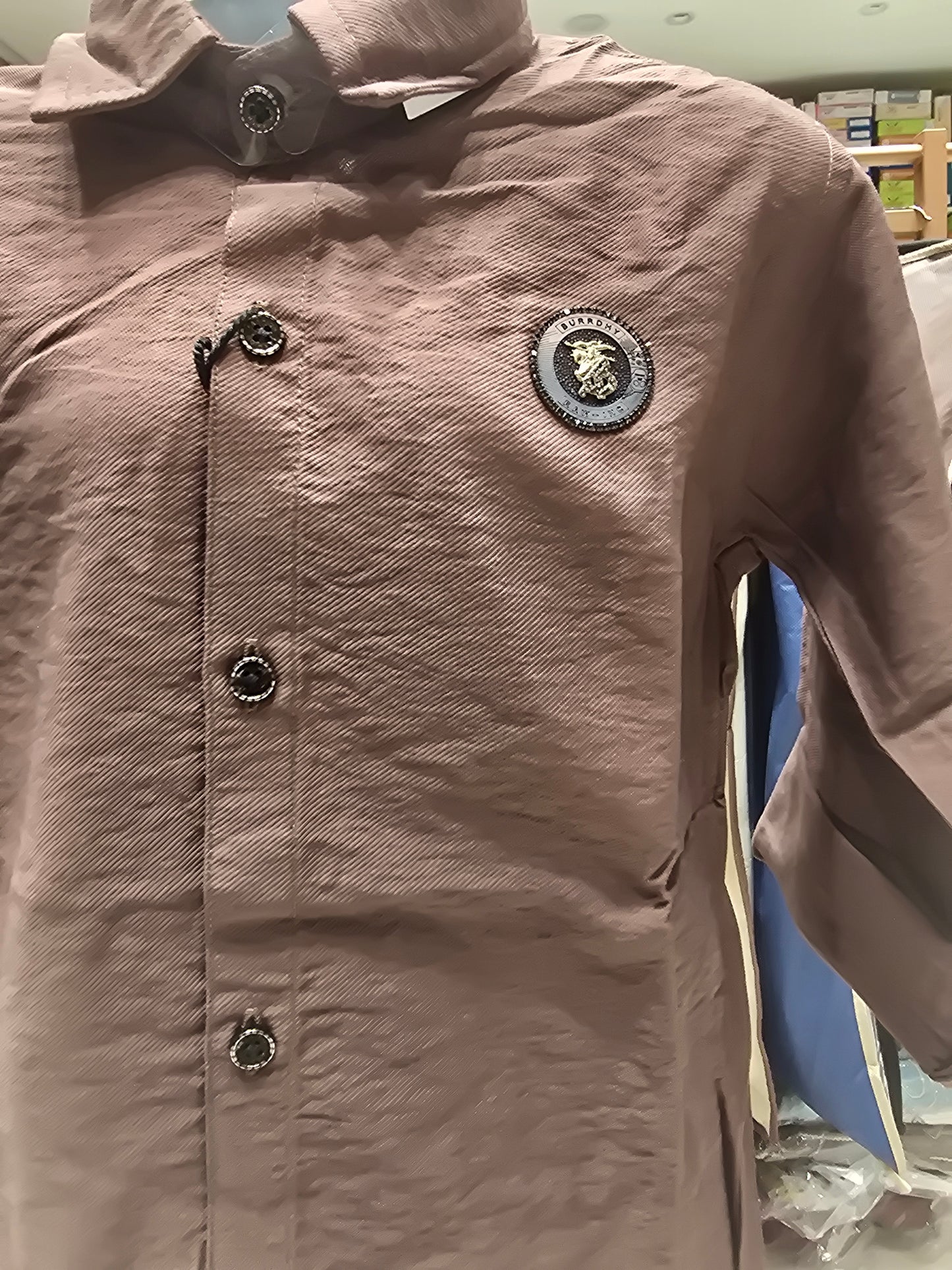 Brown Linen Lycra Shirt for Boys with Rubber Print Logo, Full Sleeves and Classic Collared Neck