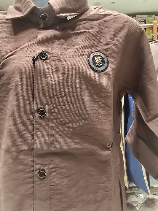 Brown Linen Lycra Shirt for Boys with Rubber Print Logo, Full Sleeves and Classic Collared Neck