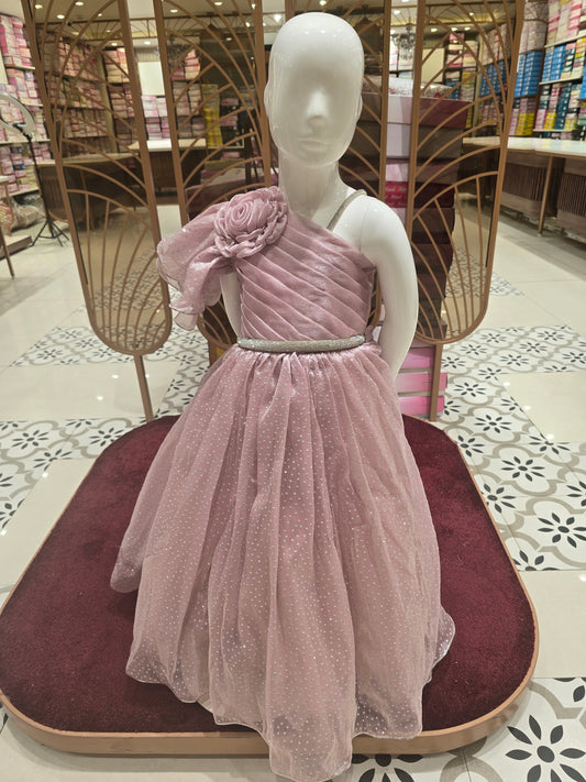 Peach Tissue Fabric Gown with Silver Butta, Asymmetric Bell Sleeve & Spaghetti Strap – Party Wear for Girls (Age 5, Size 24)