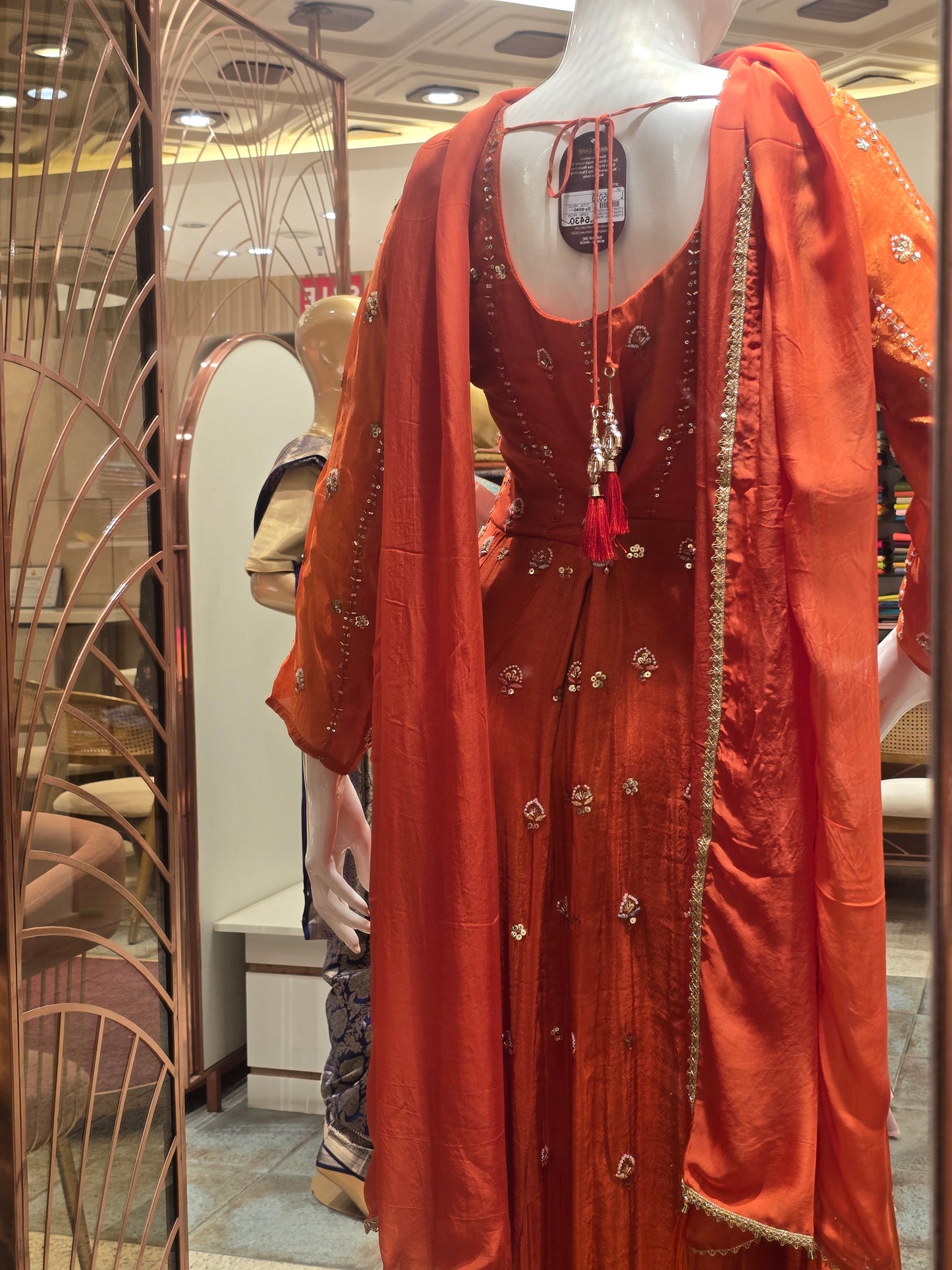 Tissue silk material orange color indo western set with full