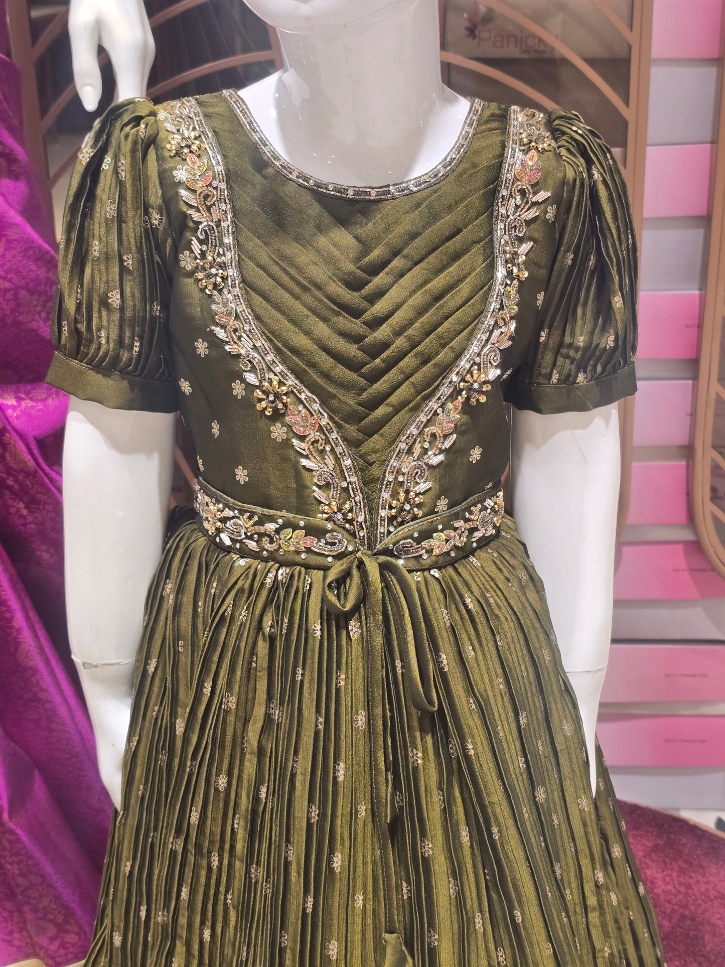 Mehendi Green Georgette Gown for Girls