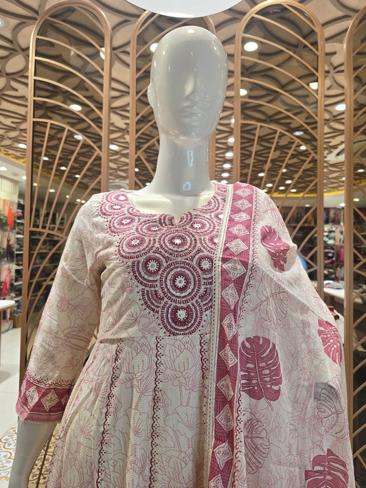 Cream Cotton Anarkali Kurti Set for Women with Peach Leaf Print, Embroidery and Sequin Work for Daily Wear