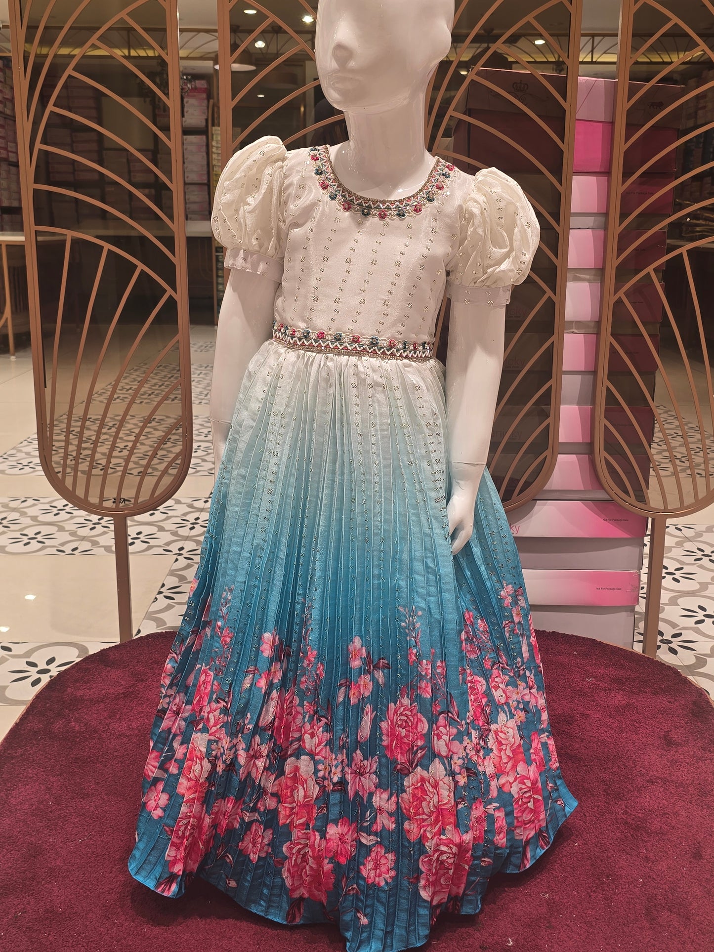 Girl Half White Sky Blue Sequined Crepe Ethnic Gown