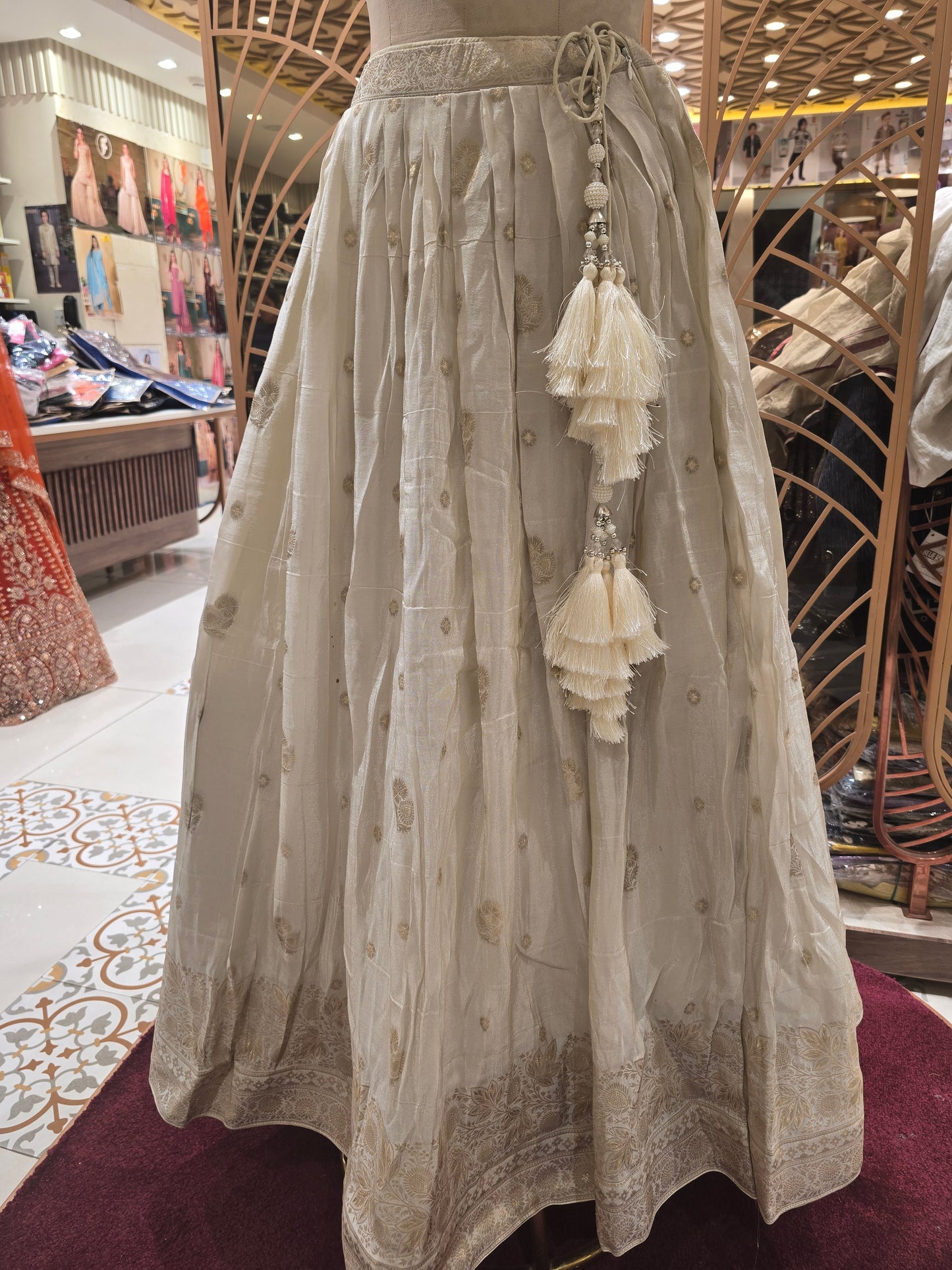 Half White Tissue Banarasi Lehenga with Banarasi Butta & Stone Work V-Neck Blouse | Tissue Banarasi Dupatta