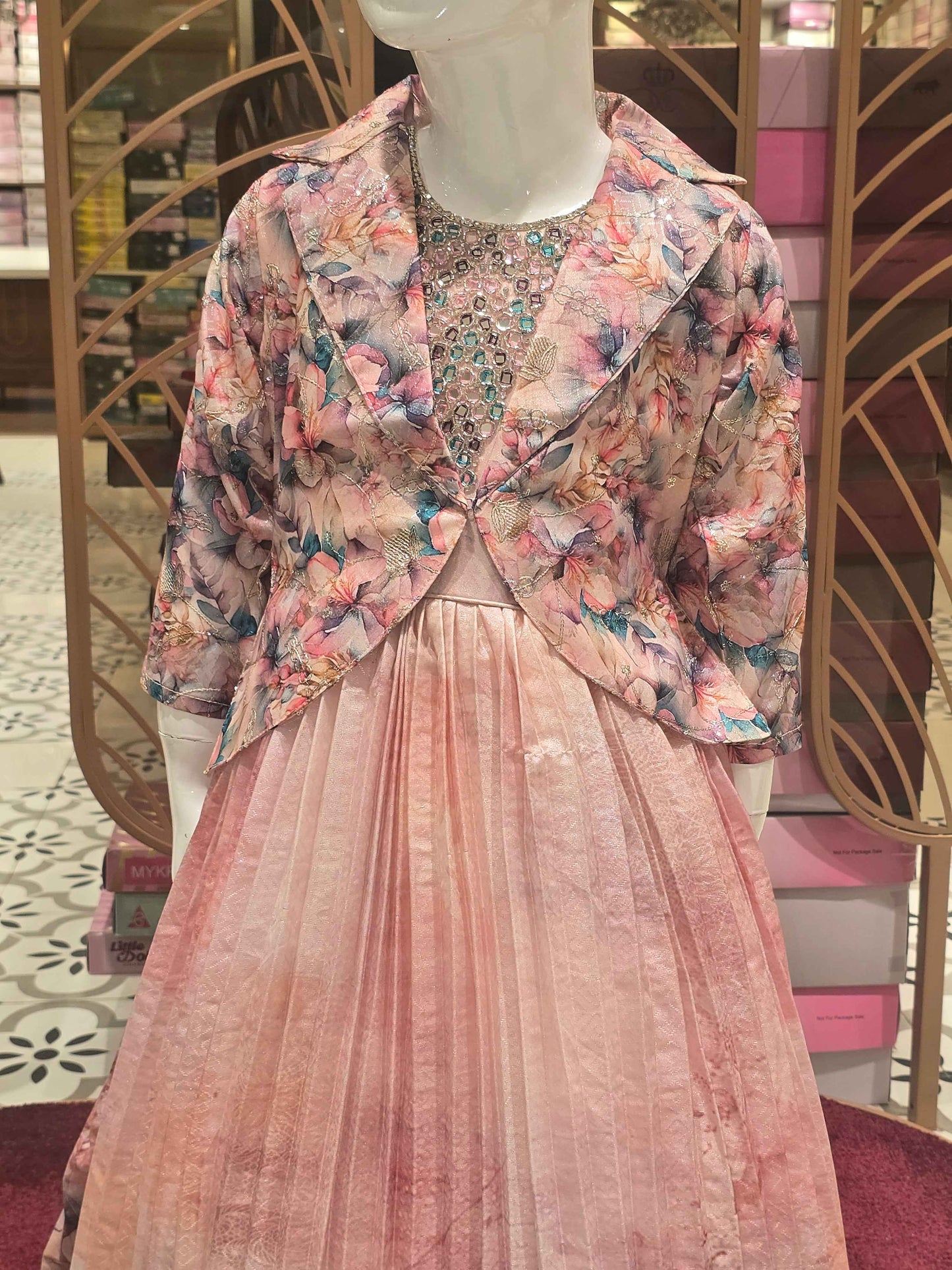 Girl Peach Multi Floral Printed Crepe Gown