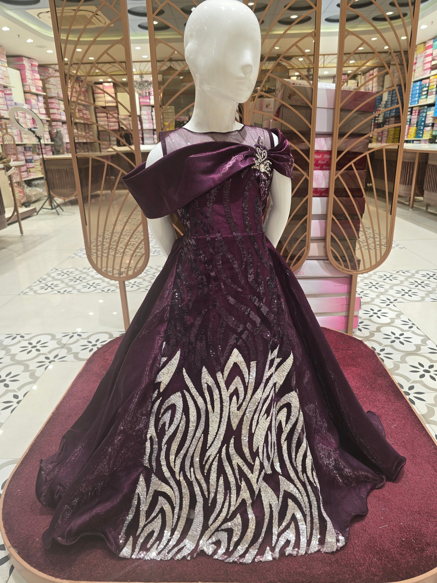 Wine Satin Sequence Gown with Stylish Neck Pattern & Western Shoulder Drape – Party Wear for Girls (Age 5, Size 24)