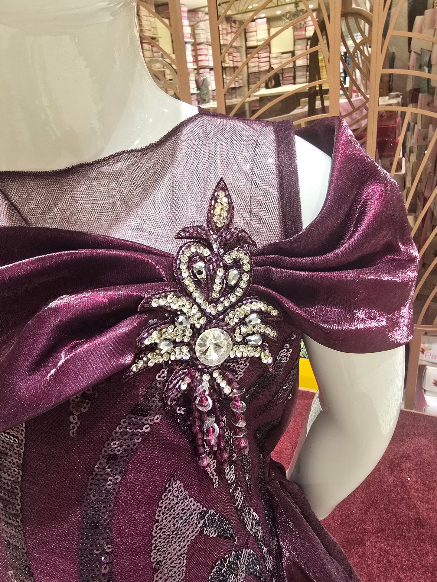 Wine Satin Sequence Gown with Stylish Neck Pattern & Western Shoulder Drape – Party Wear for Girls (Age 5, Size 24)