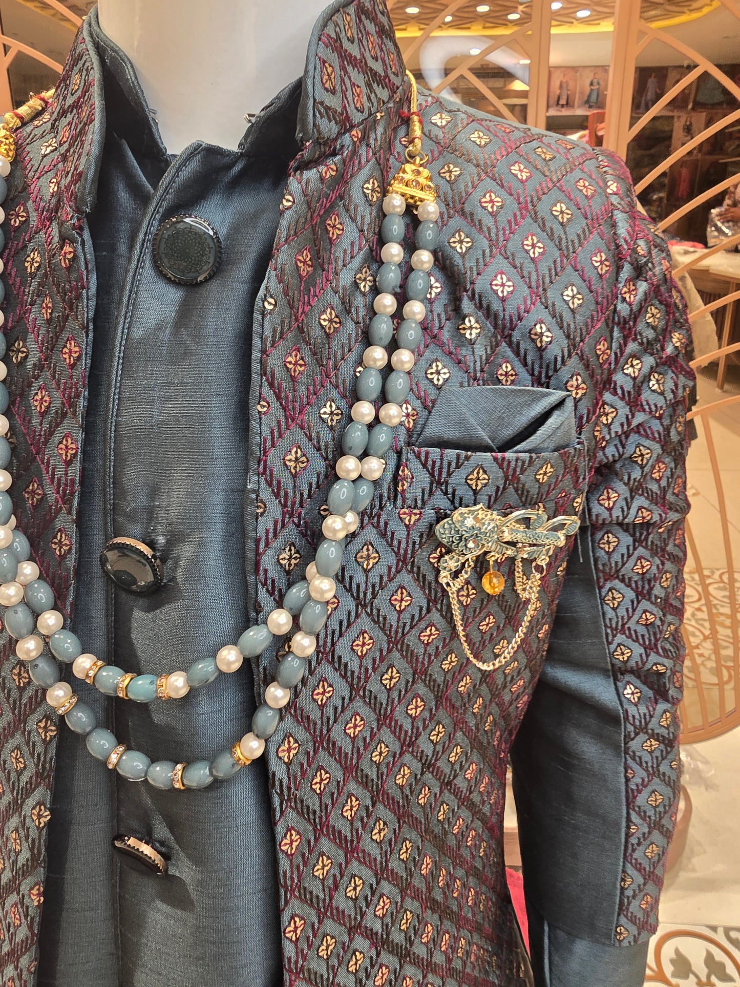 Peacock Green Shining Silk Fabric Junior Ethnic Indo-Western Set with Handwork Brooch & Maala – 2 Piece Outfit