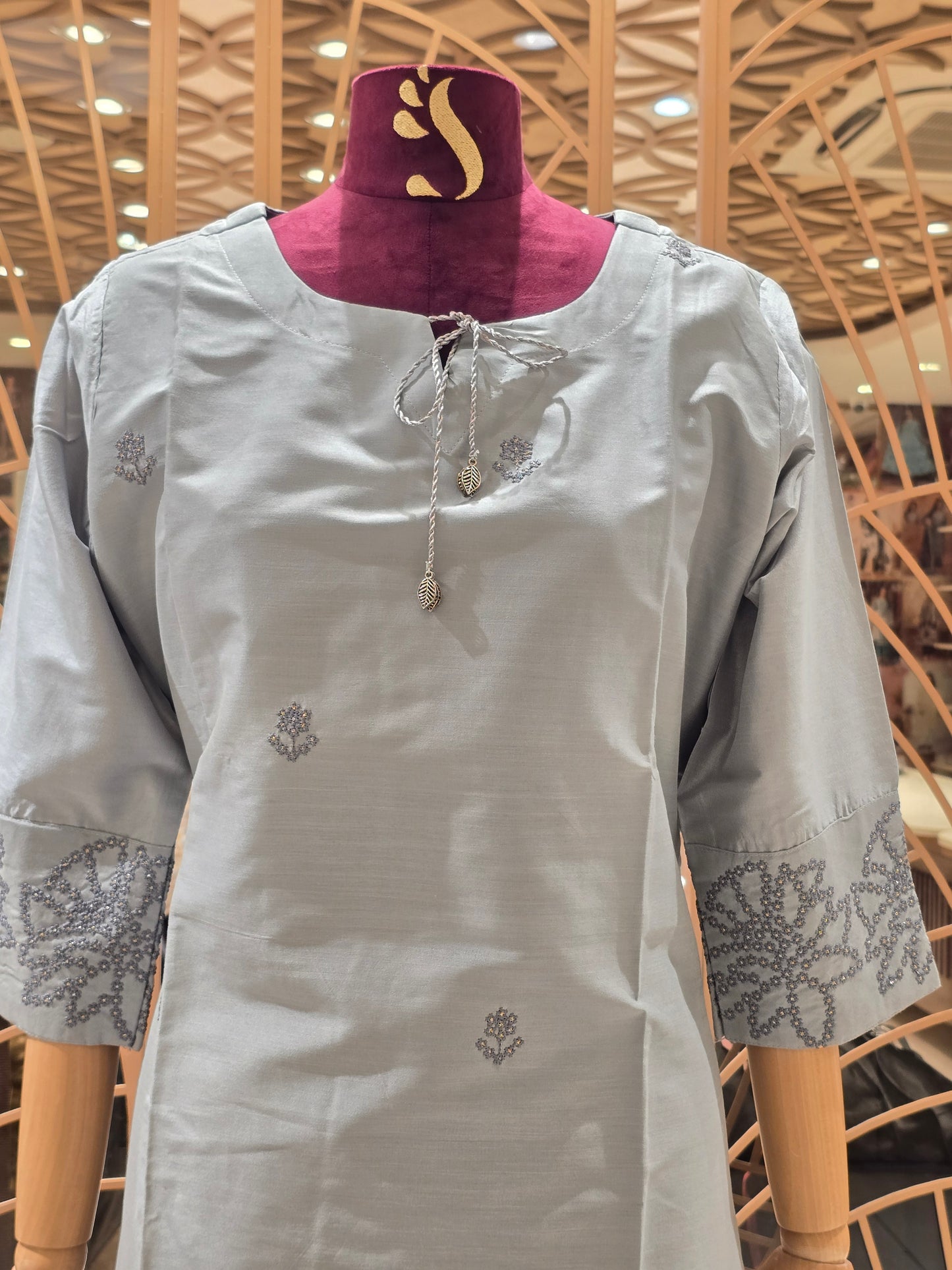 Cotton material silver color kurta top for women with round neck