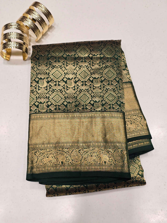 Handloom kanjivaram brocade silk bottle green colour and rich pallu