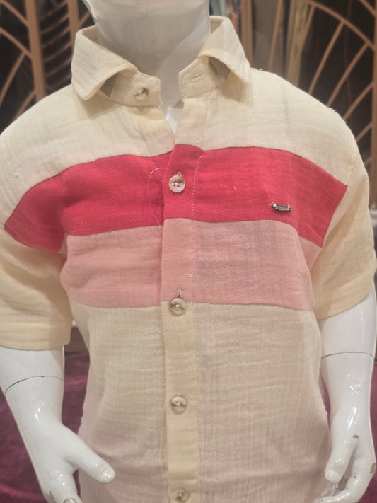 Beige Red Linen Capri Set for Boys