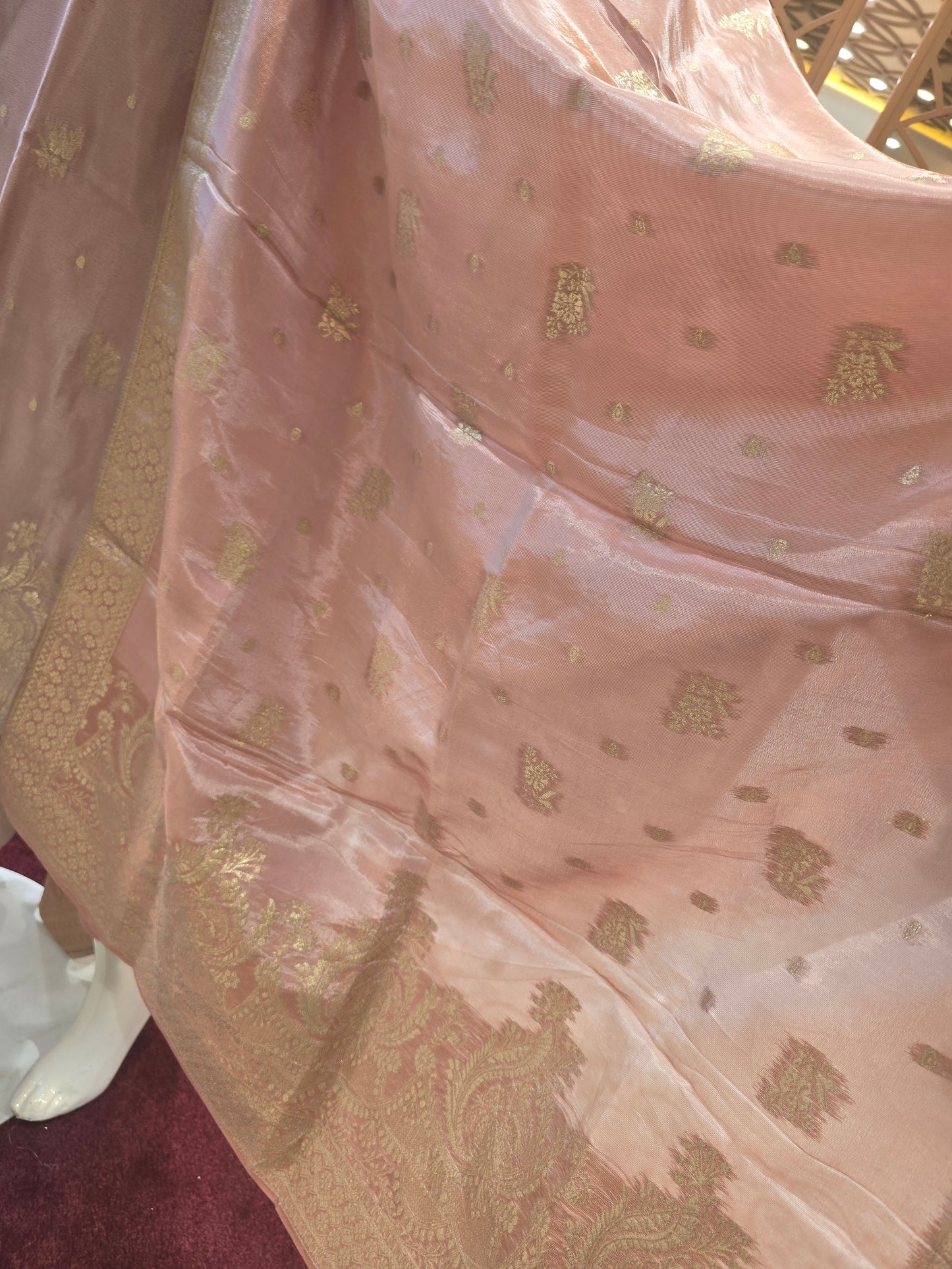 Peach Pink Pure Tissue Silk Party Wear Set for Women with Banarasi Butta & Handworked Neck, Banarasi Dupatta – Elegant Occasion Wear