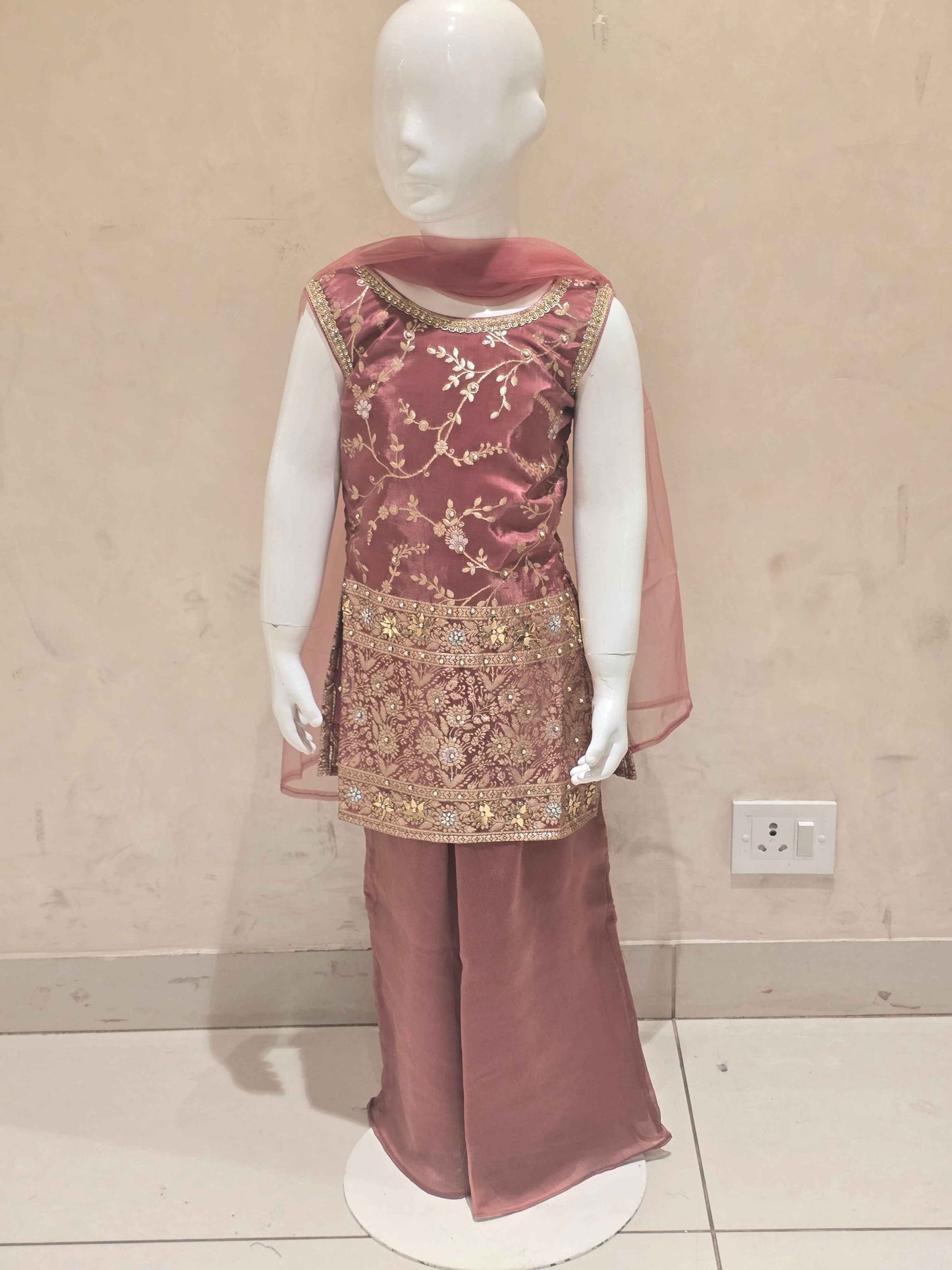 Peach Pink Crepe Silk Sharara Set for Girls