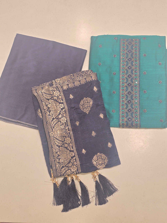 Women Blue Semi Cotton Embroidered Dress Material Set