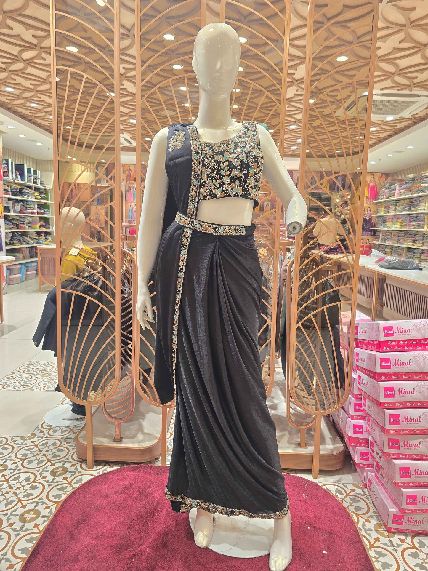 Women Black Lycra Satin Ready to Wear Saree Set