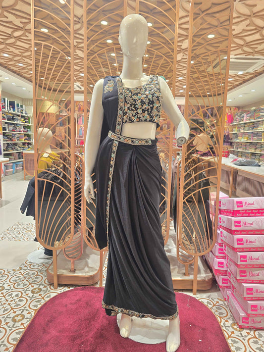 Women Black Lycra Satin Ready to Wear Saree Set