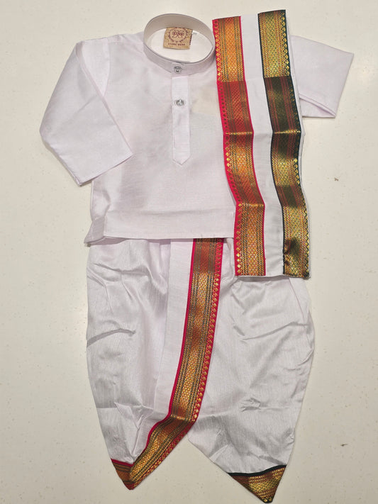 White Semi Silk Dhoti Set for Boys