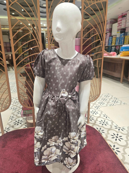 Girl Mehndi Green Printed Satin Short Frock