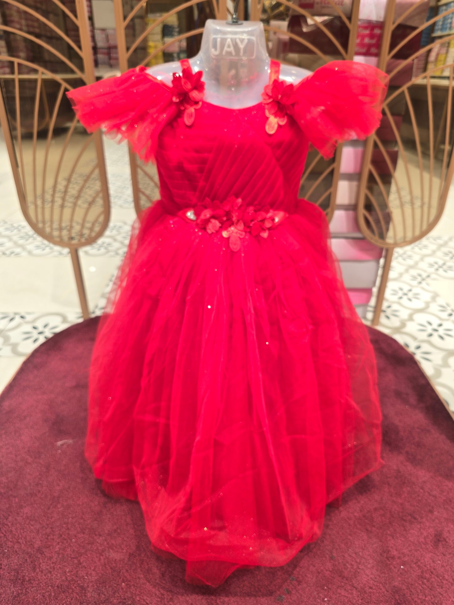 Girls Red Glitter Knitted Cool Shoulder Gown