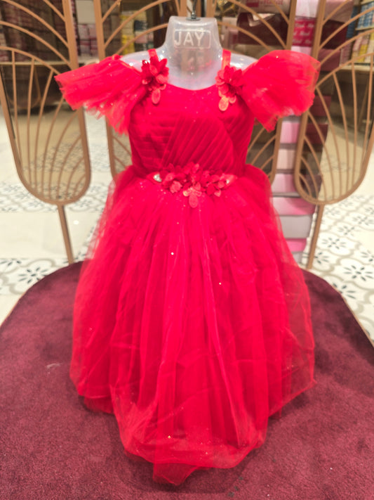 Girls Red Glitter Knitted Cool Shoulder Gown