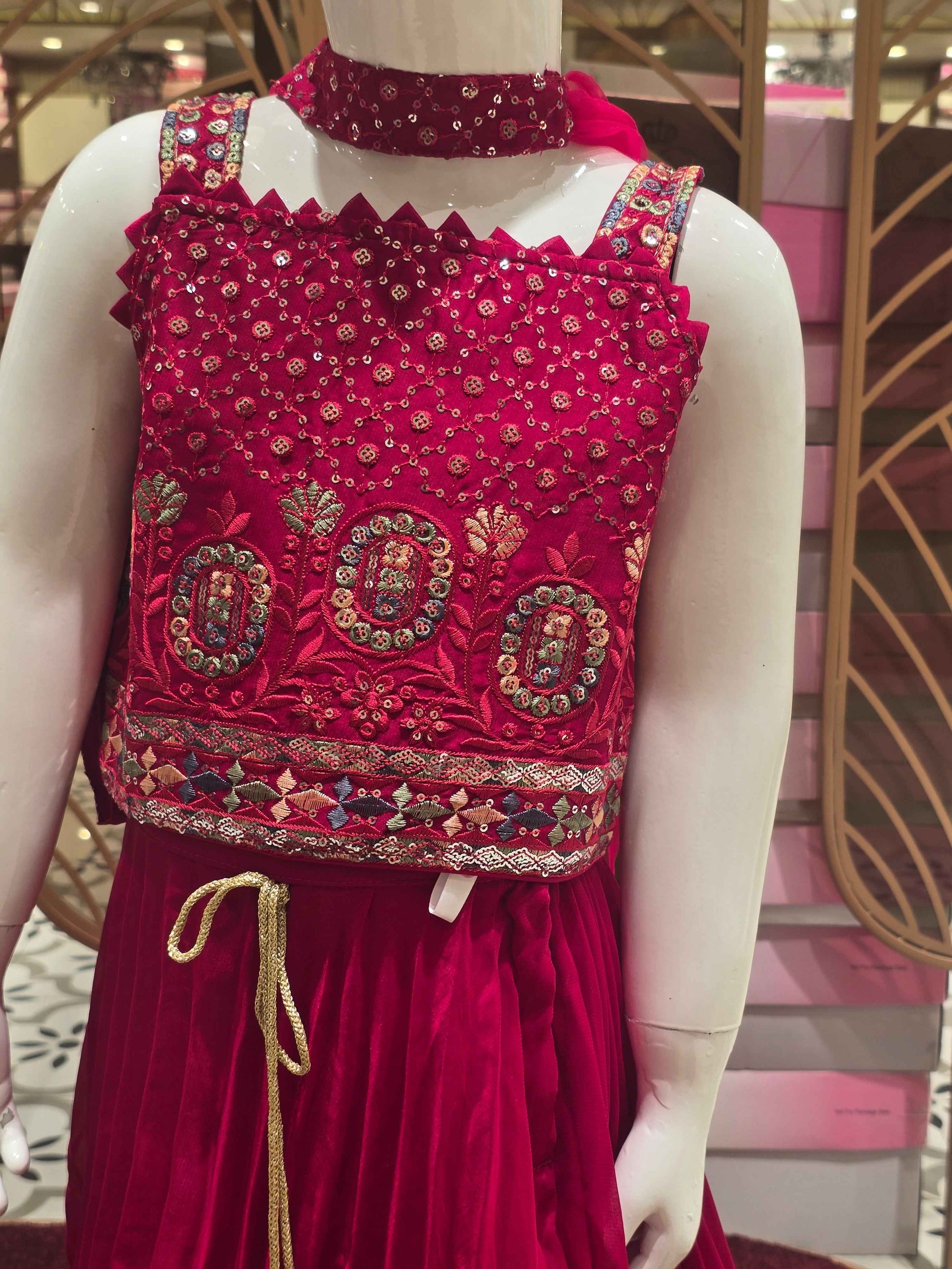 Chiffon georgette Cherry red coloured party wear gaghra with sequence work and zigzag neck. Speghetti sleeves