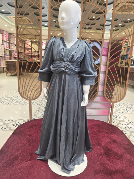 Elephant Grey Shimmer Western Party Wear Gown for Girls with ¾ Buff Sleeves, Modern Button Detailing and Long Waist Tie