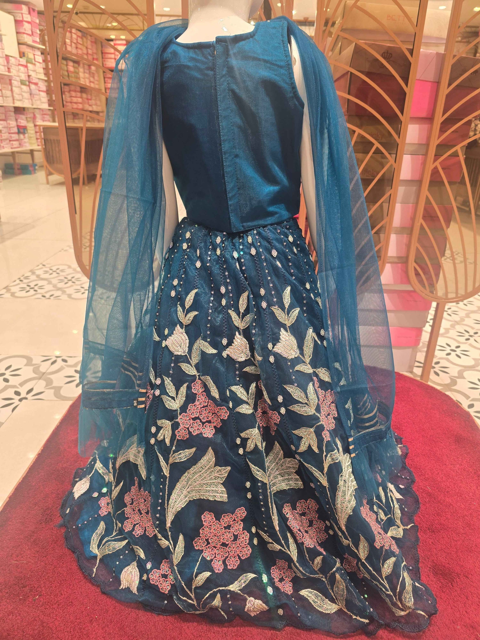 Knitted material Teel blue colour bridal lehanga wuth multi colour embroidery and speghetti top & star neck