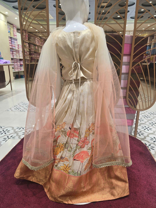 Tissue silk material cream colour ethnic wear with floral prints for garghra and long traditional border. star neck had thread work