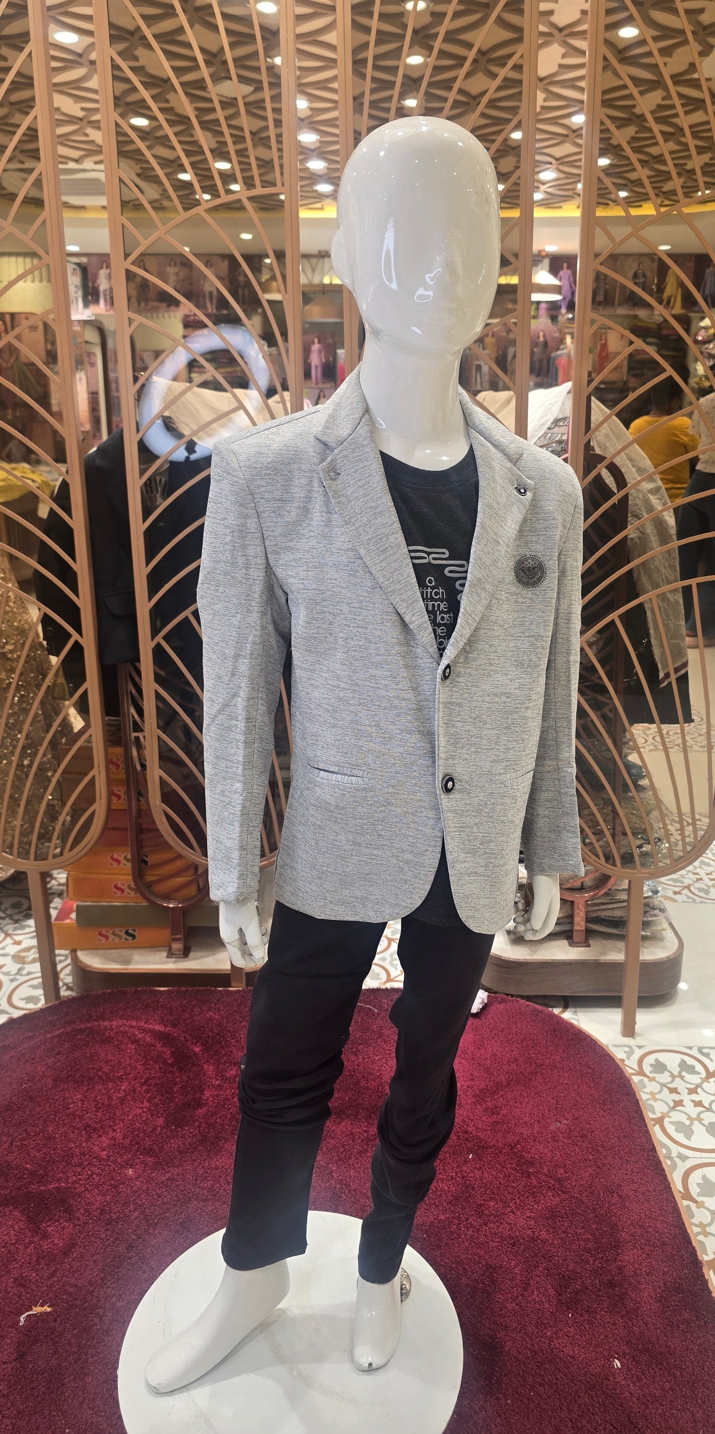 Grey colored Rayon cotton blazer with small logo , printed t-shirt and denim cotton black colored jeans